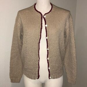 Robert Scott Women's Beige Cardigan Sweater with Burgundy Trim Excellent Vintage